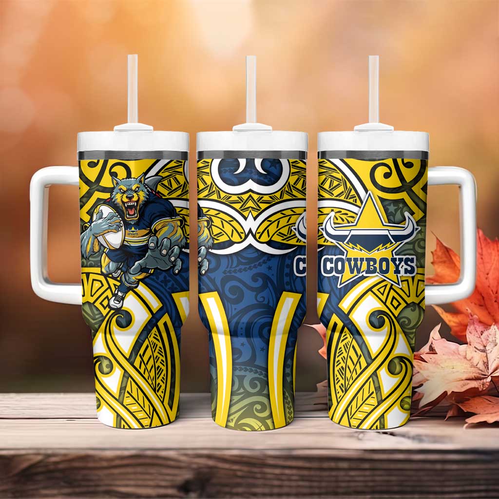 North Queensland Cowboys Rugby Tumbler With Handle Polynesian Tribal Bull Warrior Navy Yellow Pattern