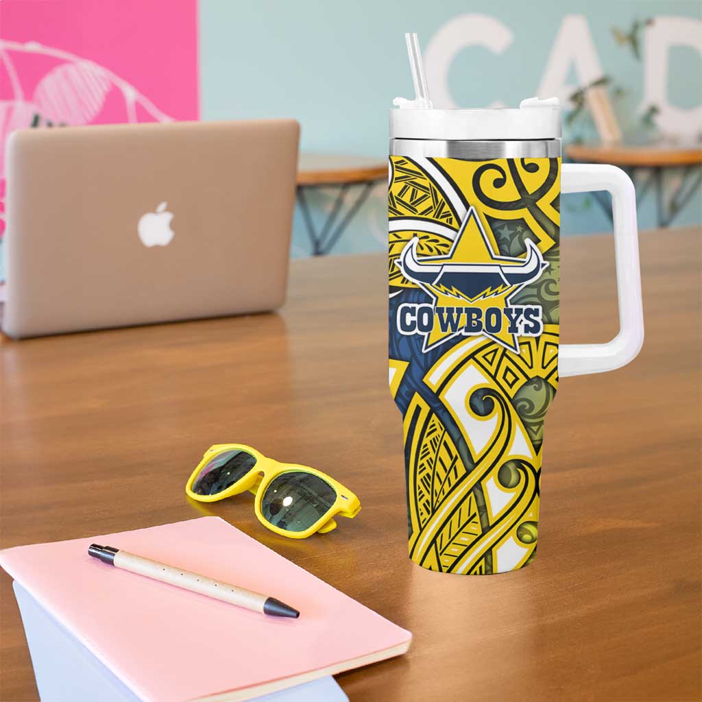North Queensland Cowboys Rugby Tumbler With Handle Polynesian Tribal Bull Warrior Navy Yellow Pattern