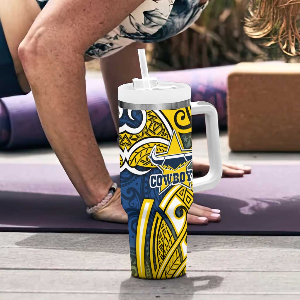North Queensland Cowboys Rugby Tumbler With Handle Polynesian Tribal Bull Warrior Navy Yellow Pattern