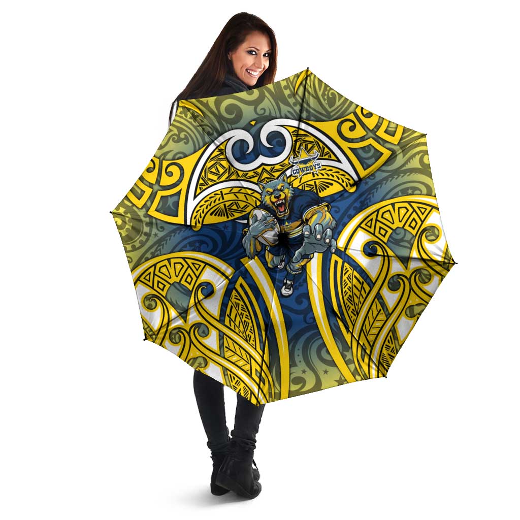 North Queensland Cowboys Rugby Umbrella Polynesian Tribal Bull Warrior Navy Yellow Pattern