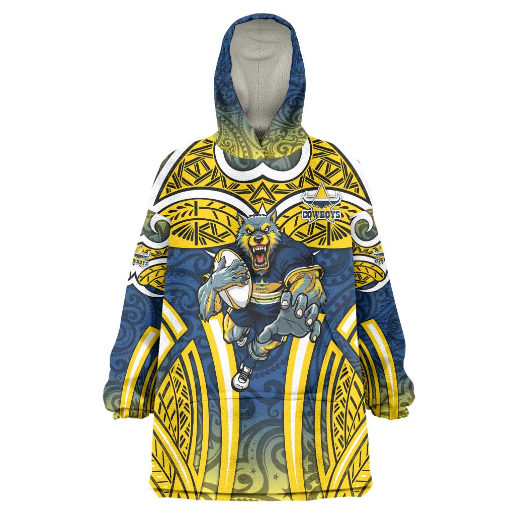 North Queensland Cowboys Rugby Wearable Blanket Hoodie Polynesian Tribal Bull Warrior Navy Yellow Pattern