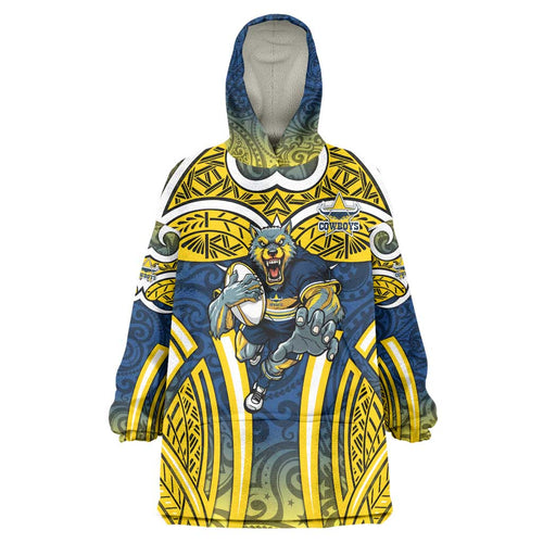 North Queensland Cowboys Rugby Wearable Blanket Hoodie Polynesian Tribal Bull Warrior Navy Yellow Pattern