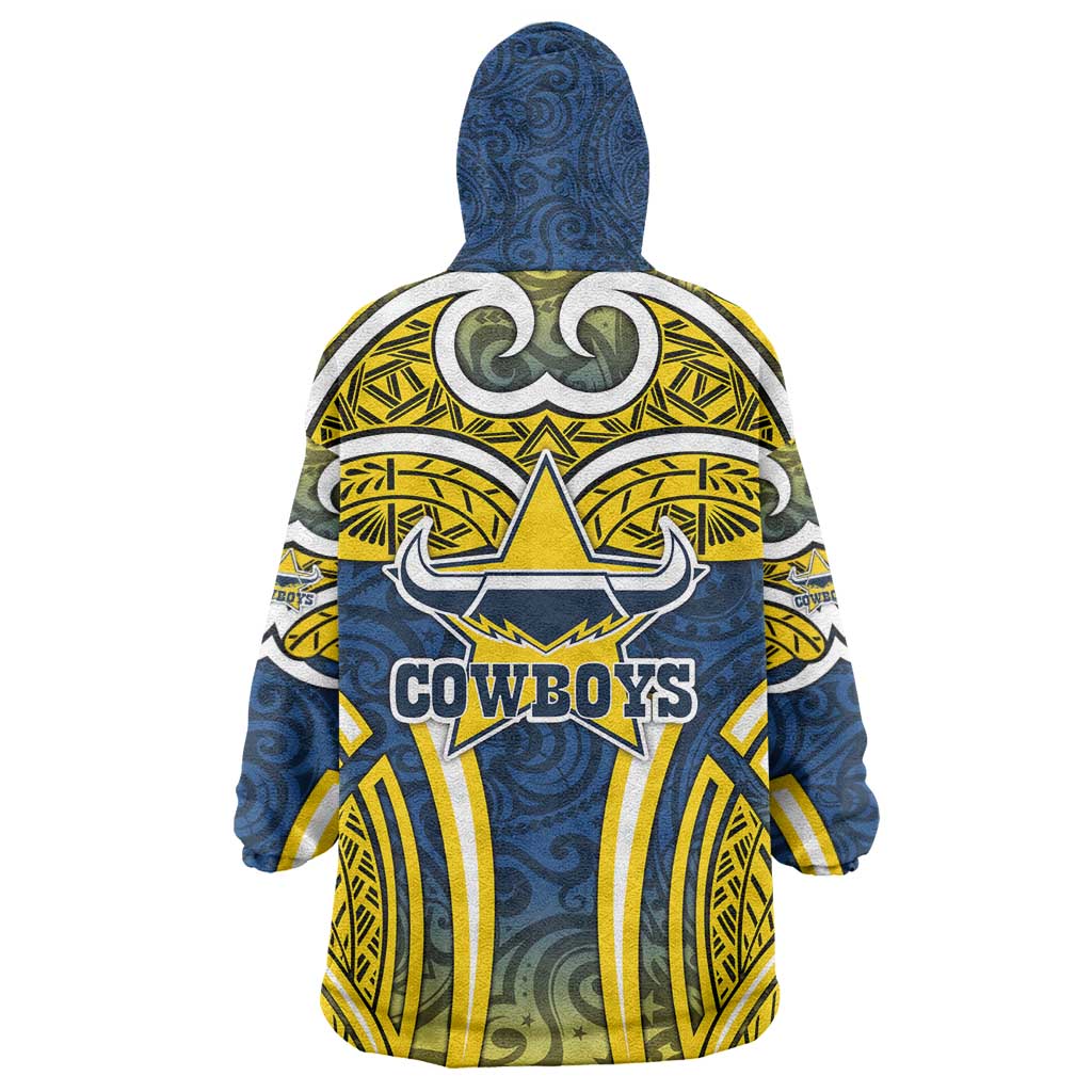 North Queensland Cowboys Rugby Wearable Blanket Hoodie Polynesian Tribal Bull Warrior Navy Yellow Pattern