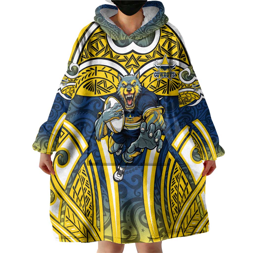 North Queensland Cowboys Rugby Wearable Blanket Hoodie Polynesian Tribal Bull Warrior Navy Yellow Pattern