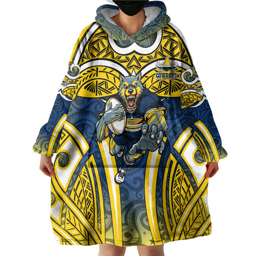 North Queensland Cowboys Rugby Wearable Blanket Hoodie Polynesian Tribal Bull Warrior Navy Yellow Pattern