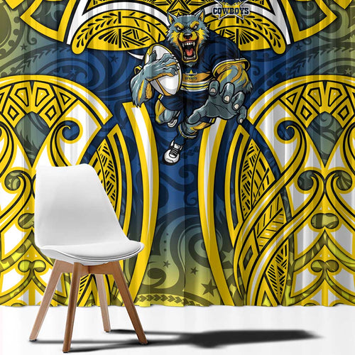 North Queensland Cowboys Rugby Window Curtain Polynesian Tribal Bull Warrior Navy Yellow Pattern