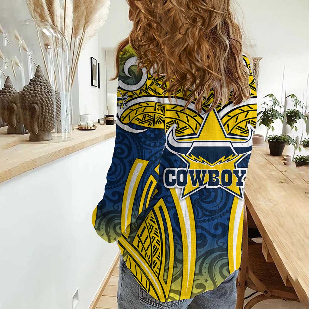 North Queensland Cowboys Rugby Women Casual Shirt Polynesian Tribal Bull Warrior Navy Yellow Pattern