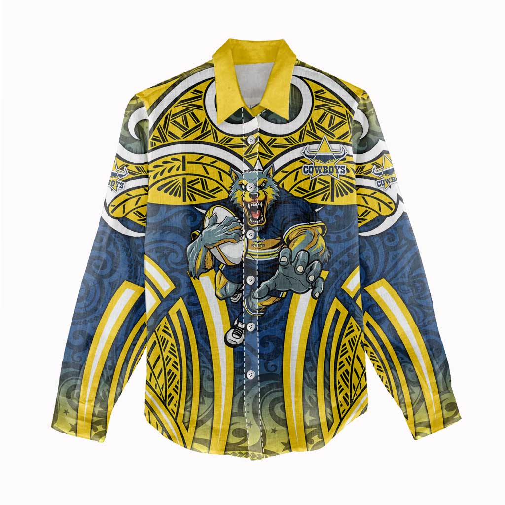 North Queensland Cowboys Rugby Women Casual Shirt Polynesian Tribal Bull Warrior Navy Yellow Pattern