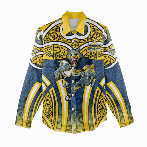 North Queensland Cowboys Rugby Women Casual Shirt Polynesian Tribal Bull Warrior Navy Yellow Pattern