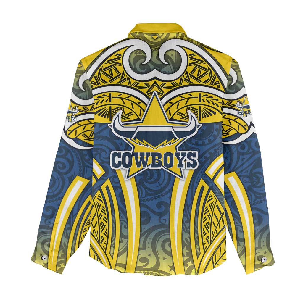 North Queensland Cowboys Rugby Women Casual Shirt Polynesian Tribal Bull Warrior Navy Yellow Pattern
