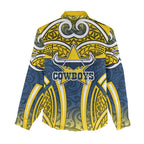 North Queensland Cowboys Rugby Women Casual Shirt Polynesian Tribal Bull Warrior Navy Yellow Pattern