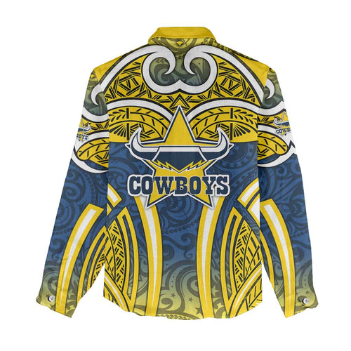 North Queensland Cowboys Rugby Women Casual Shirt Polynesian Tribal Bull Warrior Navy Yellow Pattern