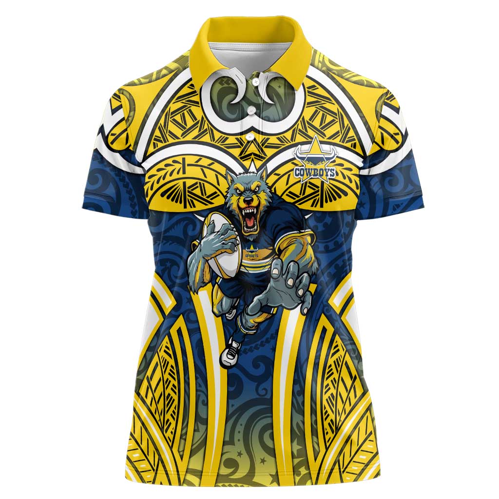 North Queensland Cowboys Rugby Women Polo Shirt Polynesian Tribal Bull Warrior Navy Yellow Pattern