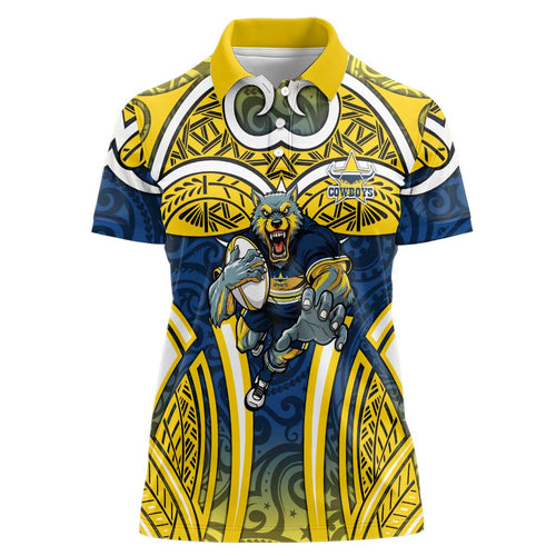 North Queensland Cowboys Rugby Women Polo Shirt Polynesian Tribal Bull Warrior Navy Yellow Pattern