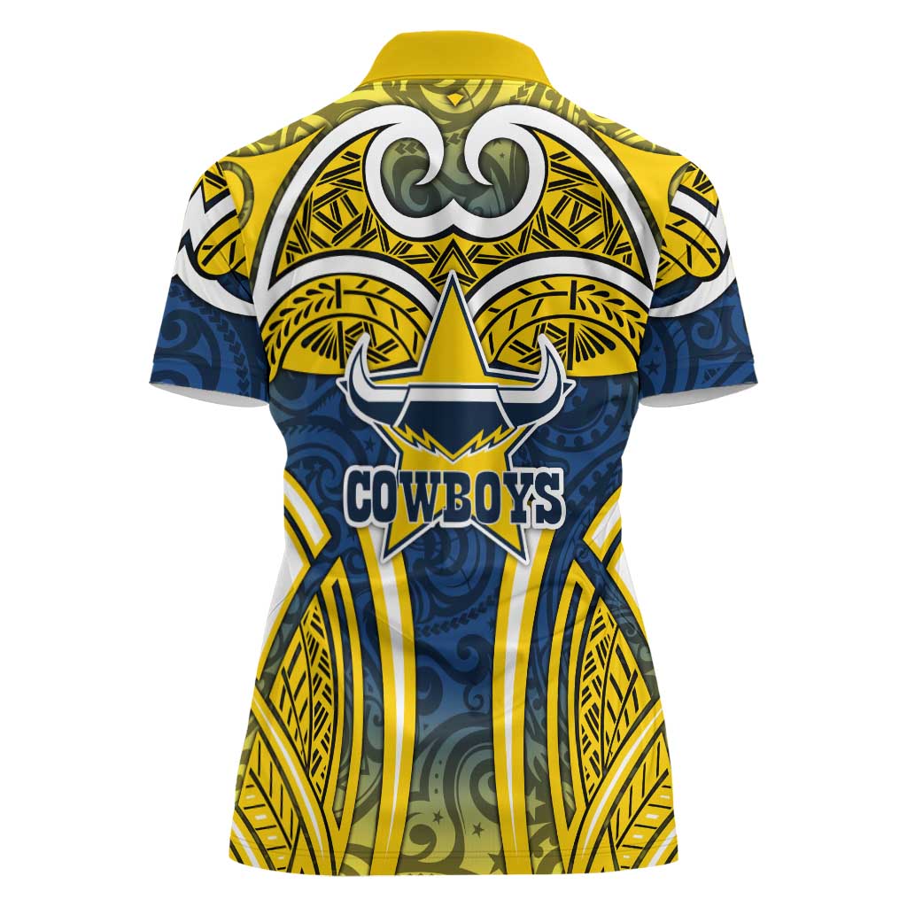 North Queensland Cowboys Rugby Women Polo Shirt Polynesian Tribal Bull Warrior Navy Yellow Pattern