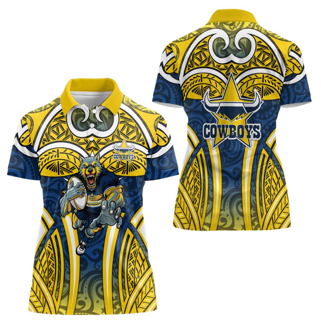 North Queensland Cowboys Rugby Women Polo Shirt Polynesian Tribal Bull Warrior Navy Yellow Pattern