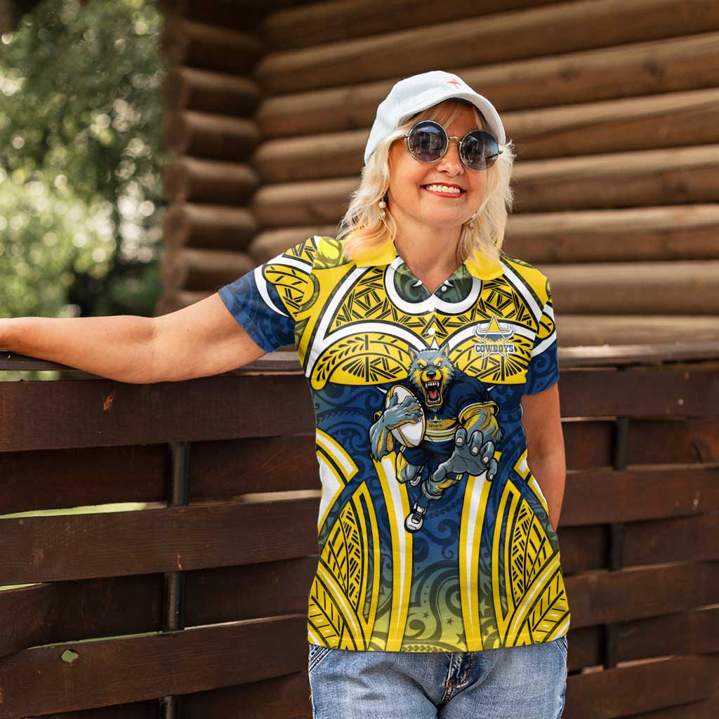 North Queensland Cowboys Rugby Women Polo Shirt Polynesian Tribal Bull Warrior Navy Yellow Pattern
