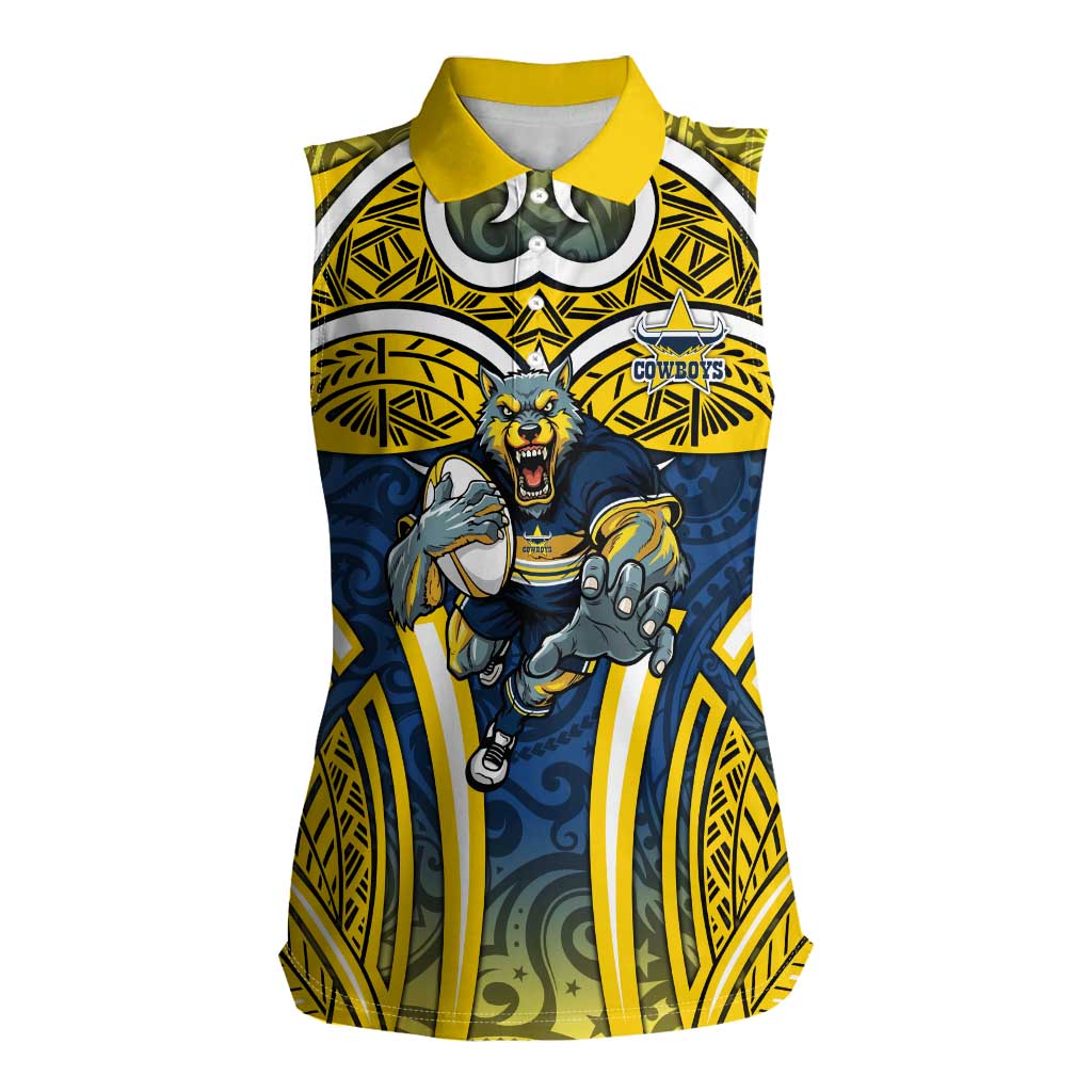 North Queensland Cowboys Rugby Women Sleeveless Polo Shirt Polynesian Tribal Bull Warrior Navy Yellow Pattern
