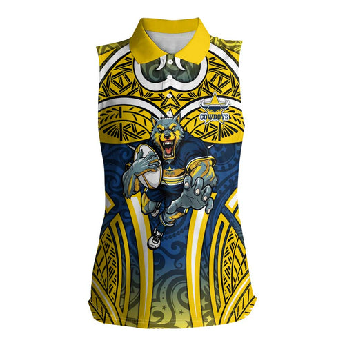 North Queensland Cowboys Rugby Women Sleeveless Polo Shirt Polynesian Tribal Bull Warrior Navy Yellow Pattern