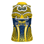 North Queensland Cowboys Rugby Women Sleeveless Polo Shirt Polynesian Tribal Bull Warrior Navy Yellow Pattern