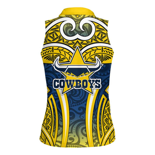 North Queensland Cowboys Rugby Women Sleeveless Polo Shirt Polynesian Tribal Bull Warrior Navy Yellow Pattern