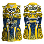 North Queensland Cowboys Rugby Women Sleeveless Polo Shirt Polynesian Tribal Bull Warrior Navy Yellow Pattern