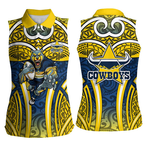 North Queensland Cowboys Rugby Women Sleeveless Polo Shirt Polynesian Tribal Bull Warrior Navy Yellow Pattern