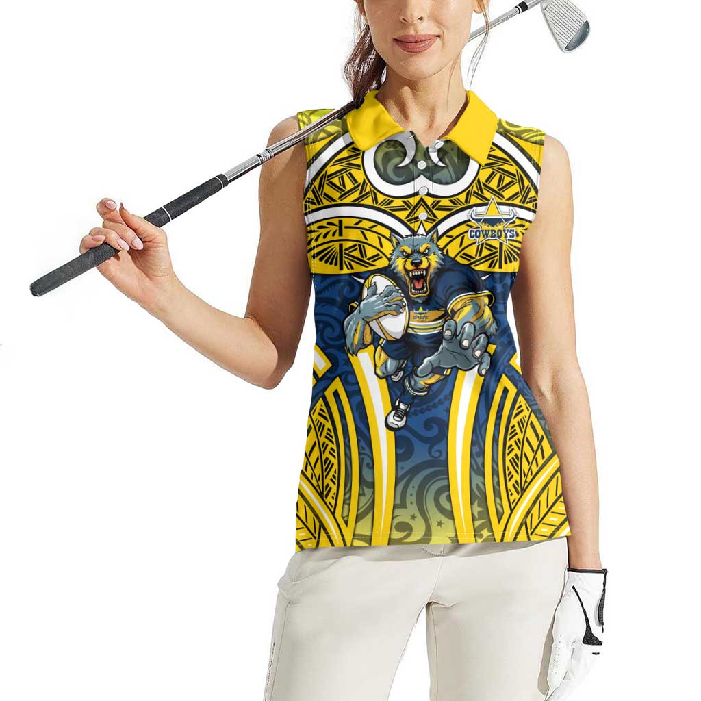 North Queensland Cowboys Rugby Women Sleeveless Polo Shirt Polynesian Tribal Bull Warrior Navy Yellow Pattern