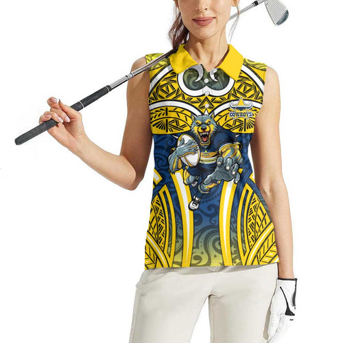 North Queensland Cowboys Rugby Women Sleeveless Polo Shirt Polynesian Tribal Bull Warrior Navy Yellow Pattern