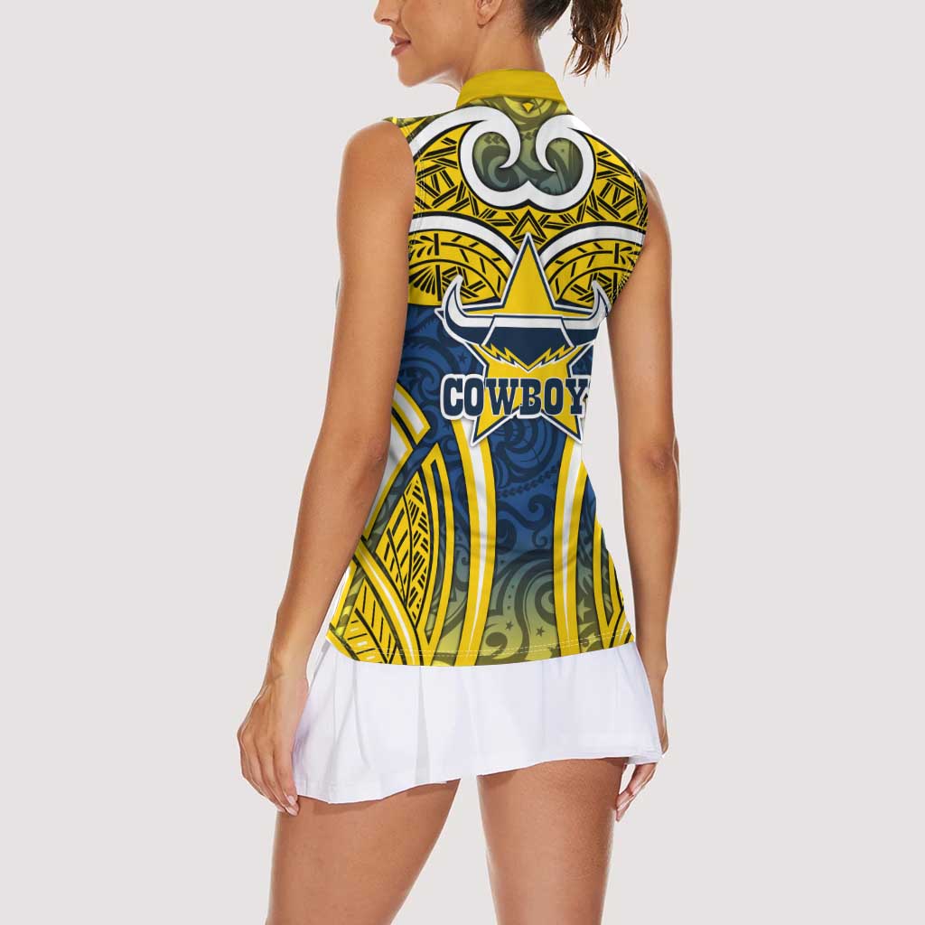 North Queensland Cowboys Rugby Women Sleeveless Polo Shirt Polynesian Tribal Bull Warrior Navy Yellow Pattern