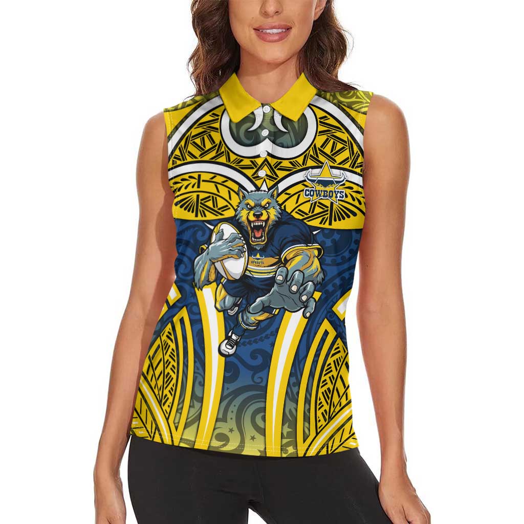 North Queensland Cowboys Rugby Women Sleeveless Polo Shirt Polynesian Tribal Bull Warrior Navy Yellow Pattern