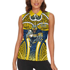 North Queensland Cowboys Rugby Women Sleeveless Polo Shirt Polynesian Tribal Bull Warrior Navy Yellow Pattern