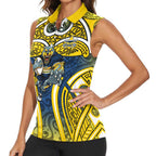 North Queensland Cowboys Rugby Women Sleeveless Polo Shirt Polynesian Tribal Bull Warrior Navy Yellow Pattern