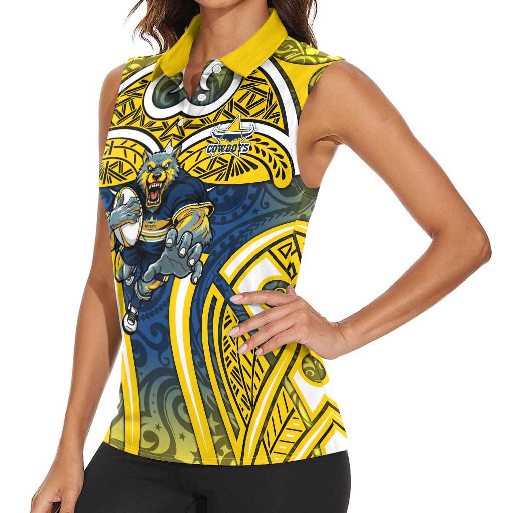 North Queensland Cowboys Rugby Women Sleeveless Polo Shirt Polynesian Tribal Bull Warrior Navy Yellow Pattern