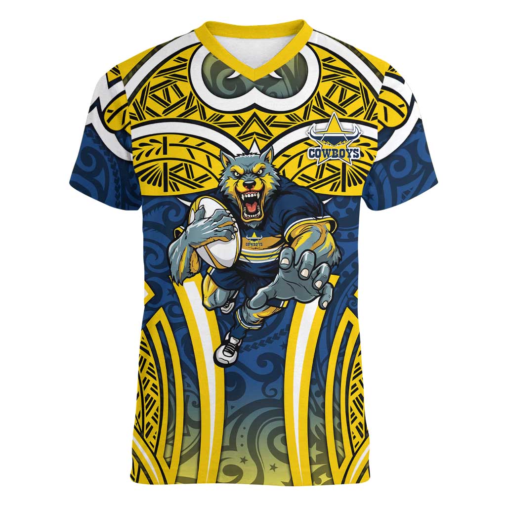 North Queensland Cowboys Rugby Women V-Neck T-Shirt Polynesian Tribal Bull Warrior Navy Yellow Pattern