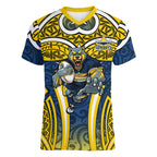 North Queensland Cowboys Rugby Women V-Neck T-Shirt Polynesian Tribal Bull Warrior Navy Yellow Pattern