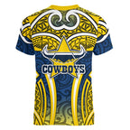 North Queensland Cowboys Rugby Women V-Neck T-Shirt Polynesian Tribal Bull Warrior Navy Yellow Pattern