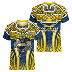 North Queensland Cowboys Rugby Women V-Neck T-Shirt Polynesian Tribal Bull Warrior Navy Yellow Pattern