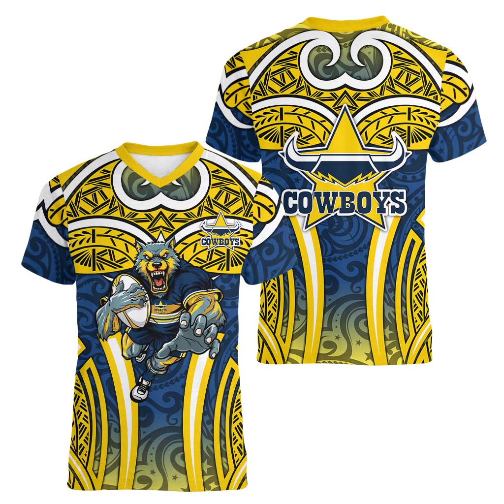 North Queensland Cowboys Rugby Women V-Neck T-Shirt Polynesian Tribal Bull Warrior Navy Yellow Pattern