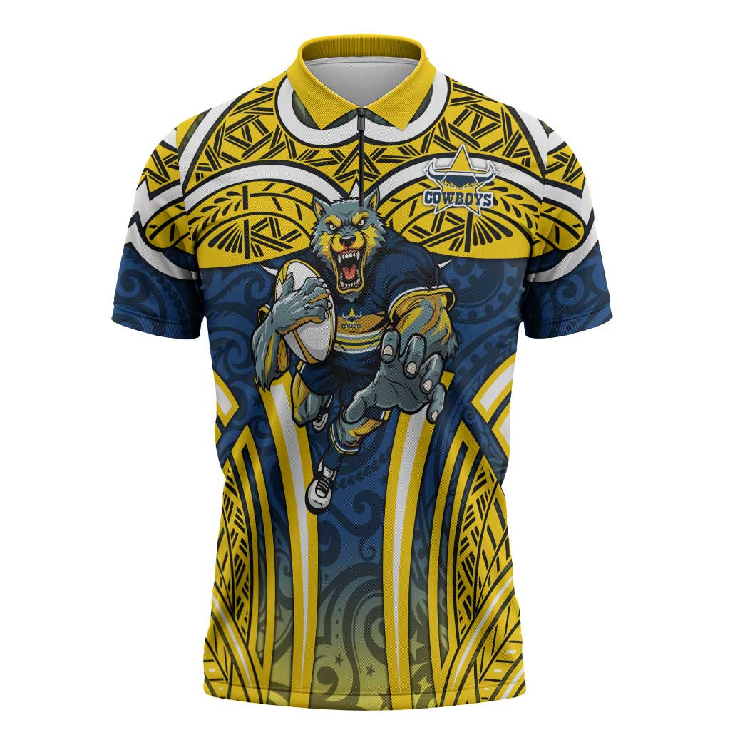 North Queensland Cowboys Rugby Zipper Polo Shirt Polynesian Tribal Bull Warrior Navy Yellow Pattern