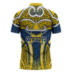North Queensland Cowboys Rugby Zipper Polo Shirt Polynesian Tribal Bull Warrior Navy Yellow Pattern