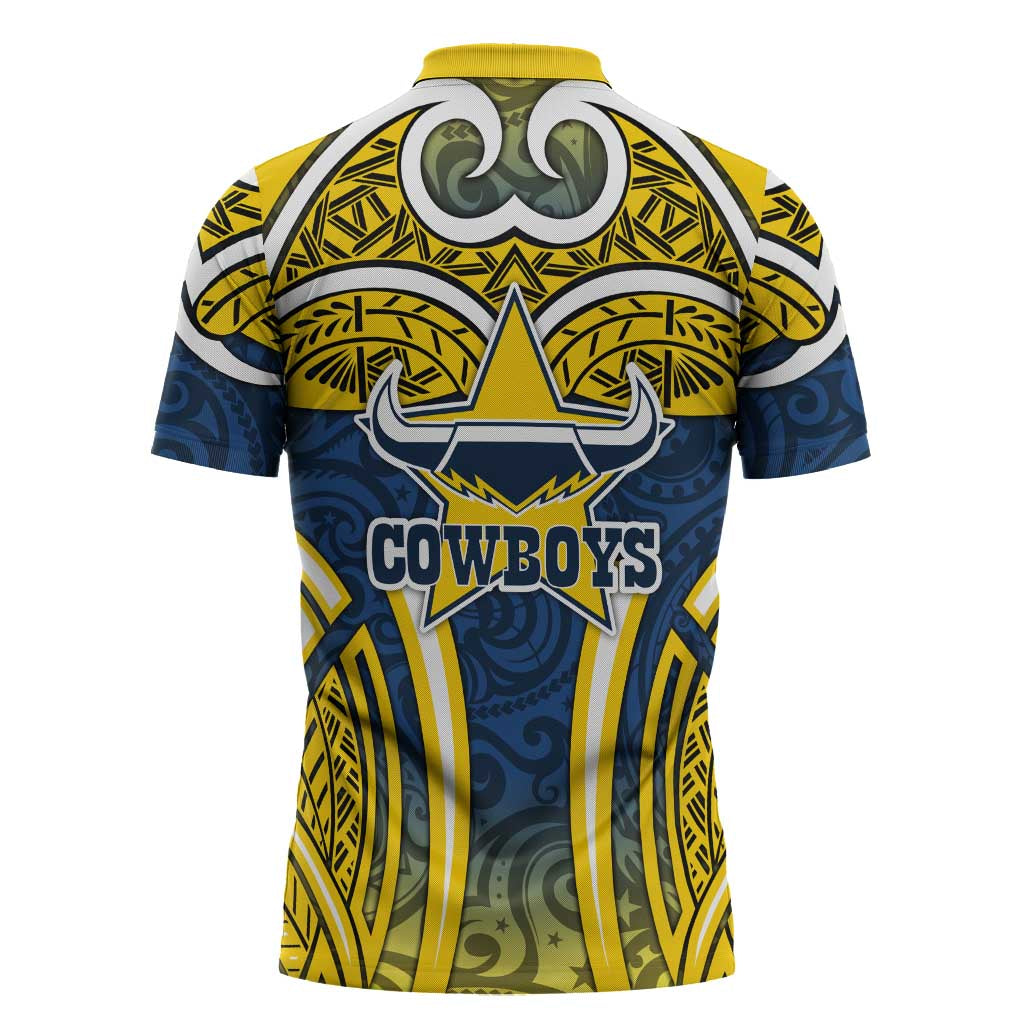 North Queensland Cowboys Rugby Zipper Polo Shirt Polynesian Tribal Bull Warrior Navy Yellow Pattern