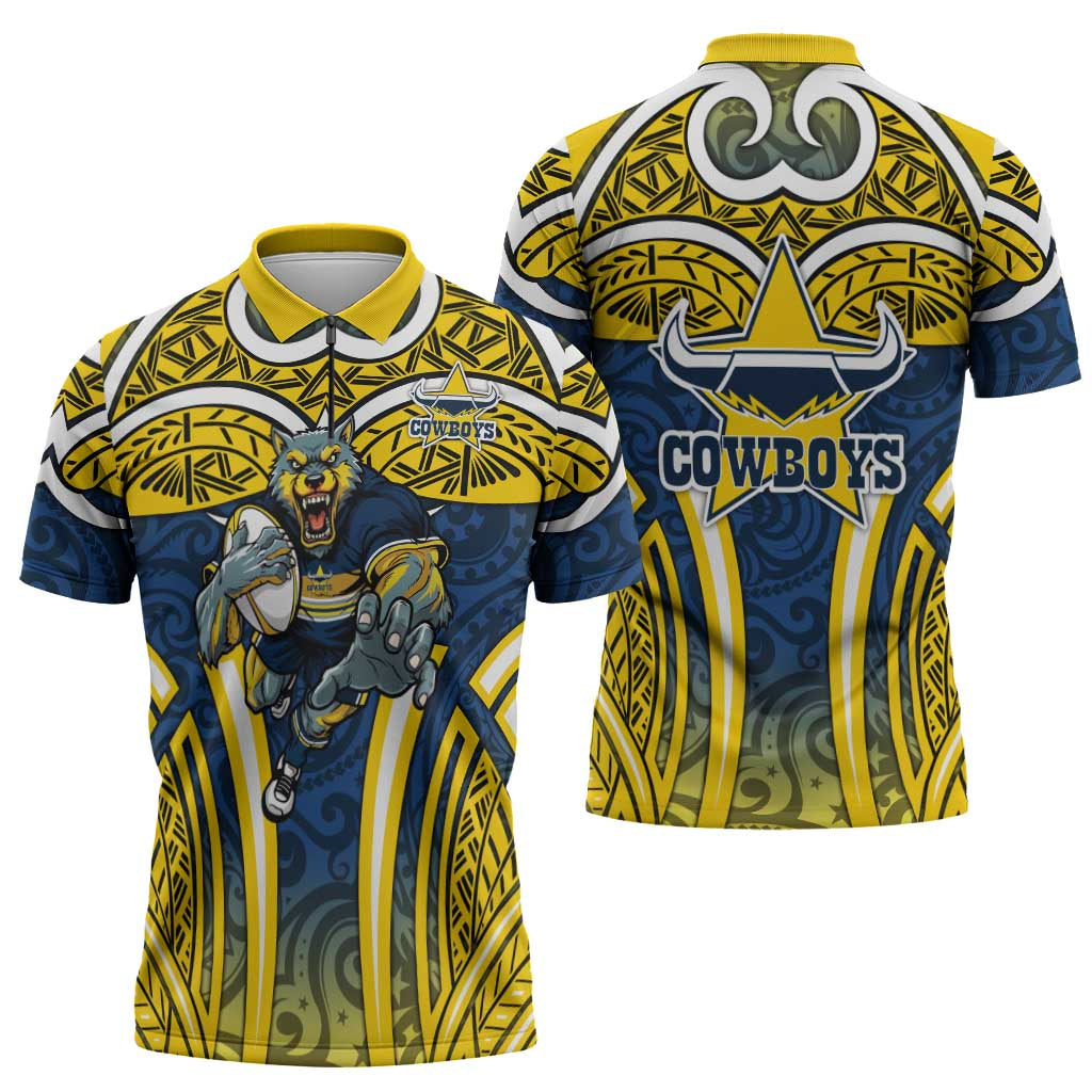North Queensland Cowboys Rugby Zipper Polo Shirt Polynesian Tribal Bull Warrior Navy Yellow Pattern