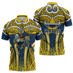 North Queensland Cowboys Rugby Zipper Polo Shirt Polynesian Tribal Bull Warrior Navy Yellow Pattern