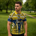 North Queensland Cowboys Rugby Zipper Polo Shirt Polynesian Tribal Bull Warrior Navy Yellow Pattern