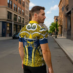 North Queensland Cowboys Rugby Zipper Polo Shirt Polynesian Tribal Bull Warrior Navy Yellow Pattern