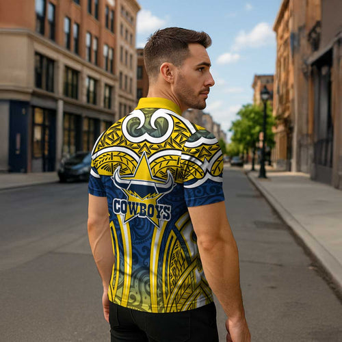 North Queensland Cowboys Rugby Zipper Polo Shirt Polynesian Tribal Bull Warrior Navy Yellow Pattern