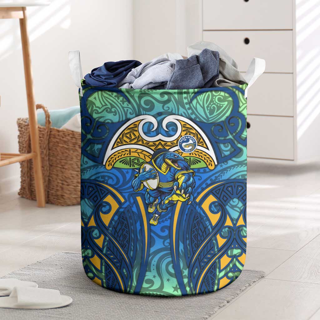 Parramatta Eels Rugby Laundry Basket Polynesian Tribal Eel Warrior Blue Gold Pattern