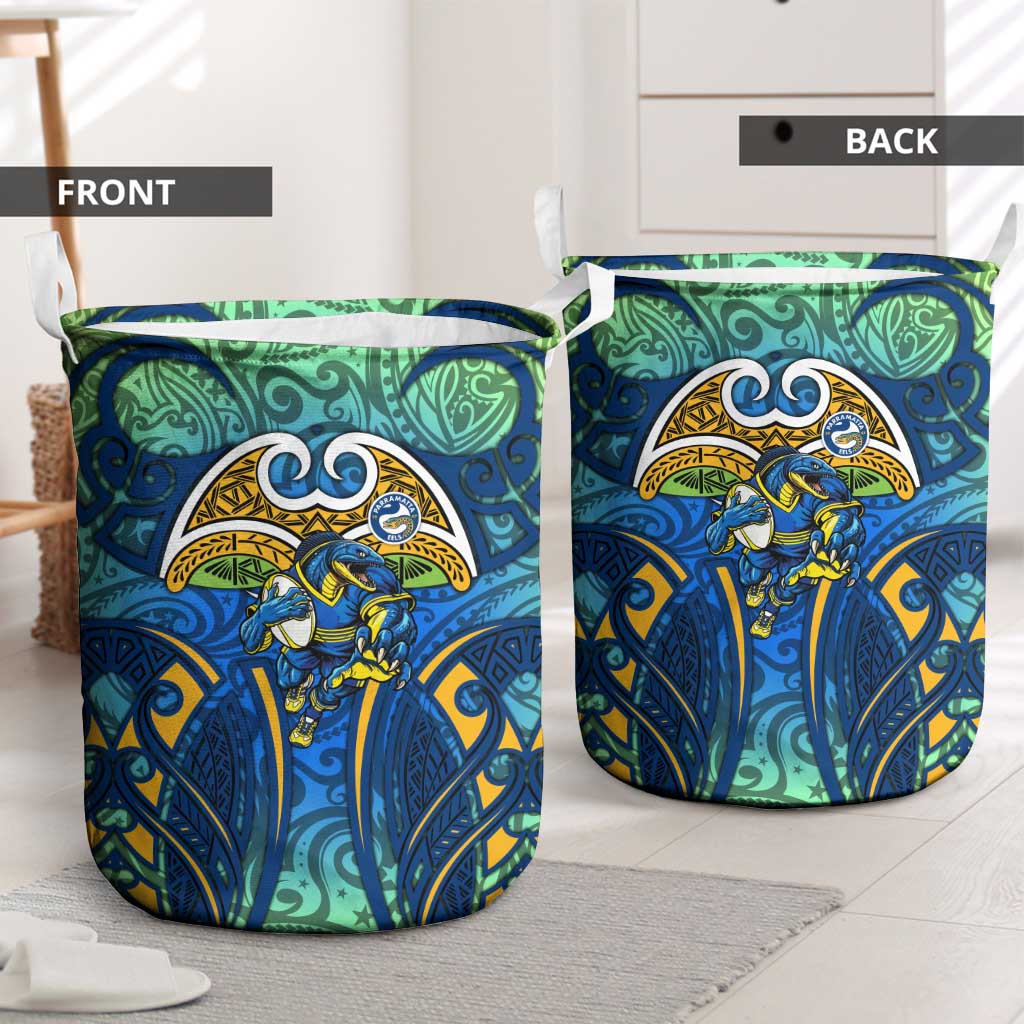 Parramatta Eels Rugby Laundry Basket Polynesian Tribal Eel Warrior Blue Gold Pattern