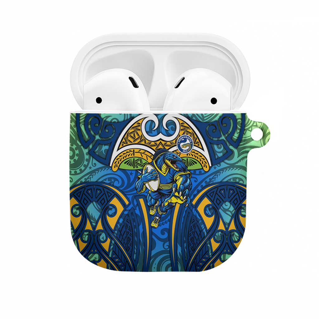 Parramatta Eels Rugby AirPods Case Polynesian Tribal Eel Warrior Blue Gold Pattern